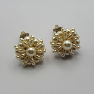 Vintage Faux Pearl Cluster Clip Earrings